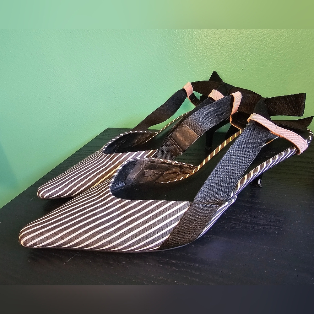 Zara Trafaluc Pin-Striped Slingback Kitten Heels Women's EU Size 36